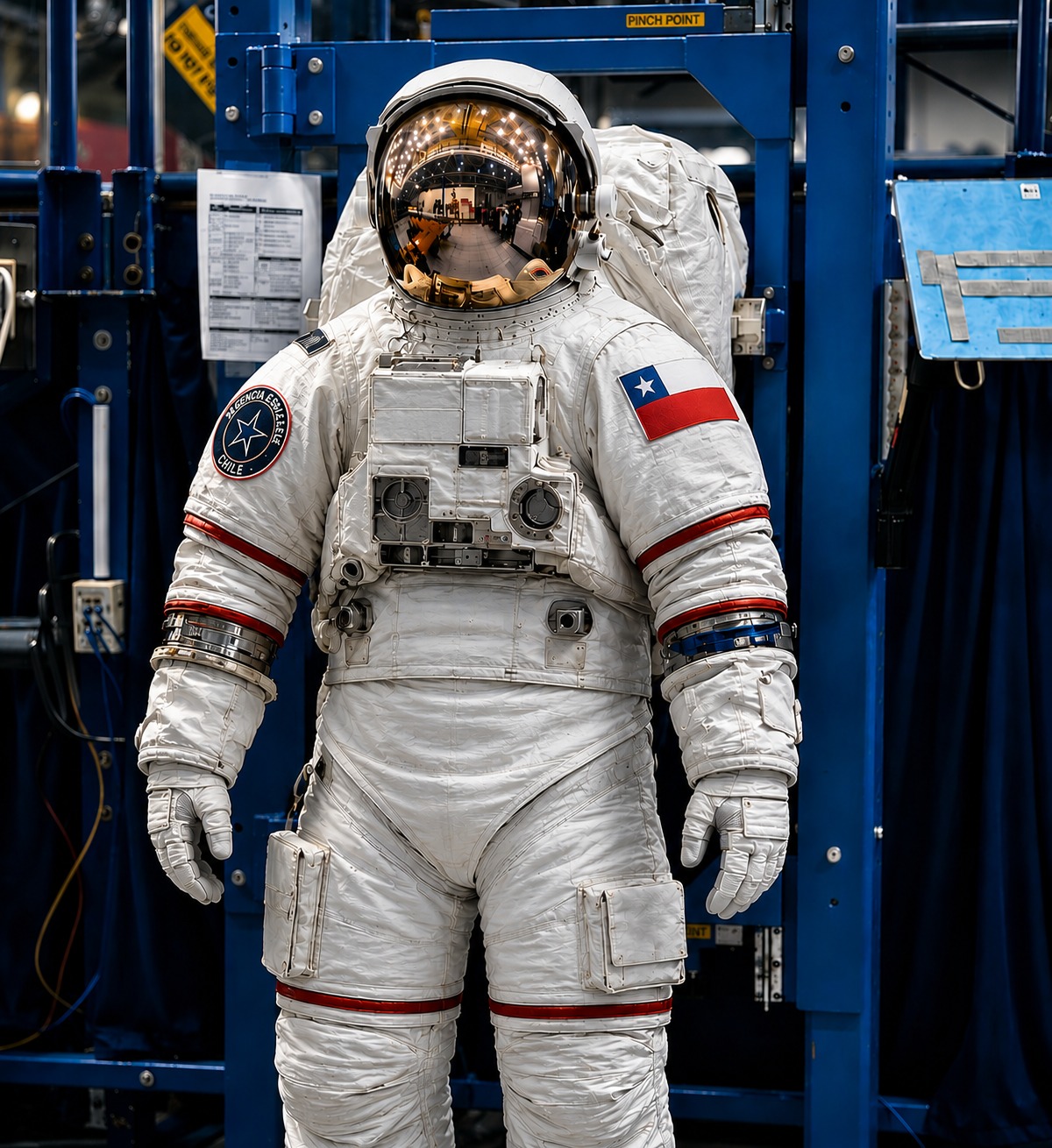 Traje espacial oficial con bandera chilena y parche de la Agencia Espacial de Chile